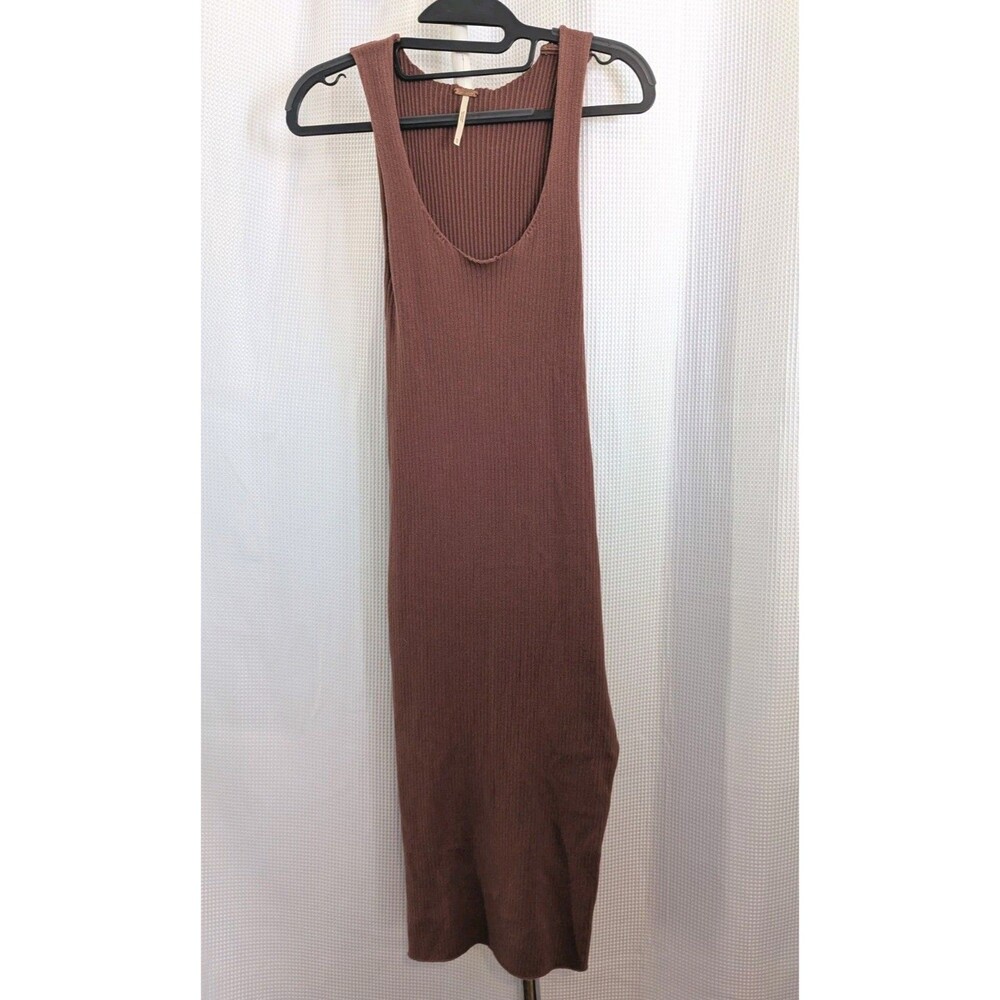 Free People Brown Ribbed Tank Dress Side Slit Sweater Deep Scoop Neck XS (I10)